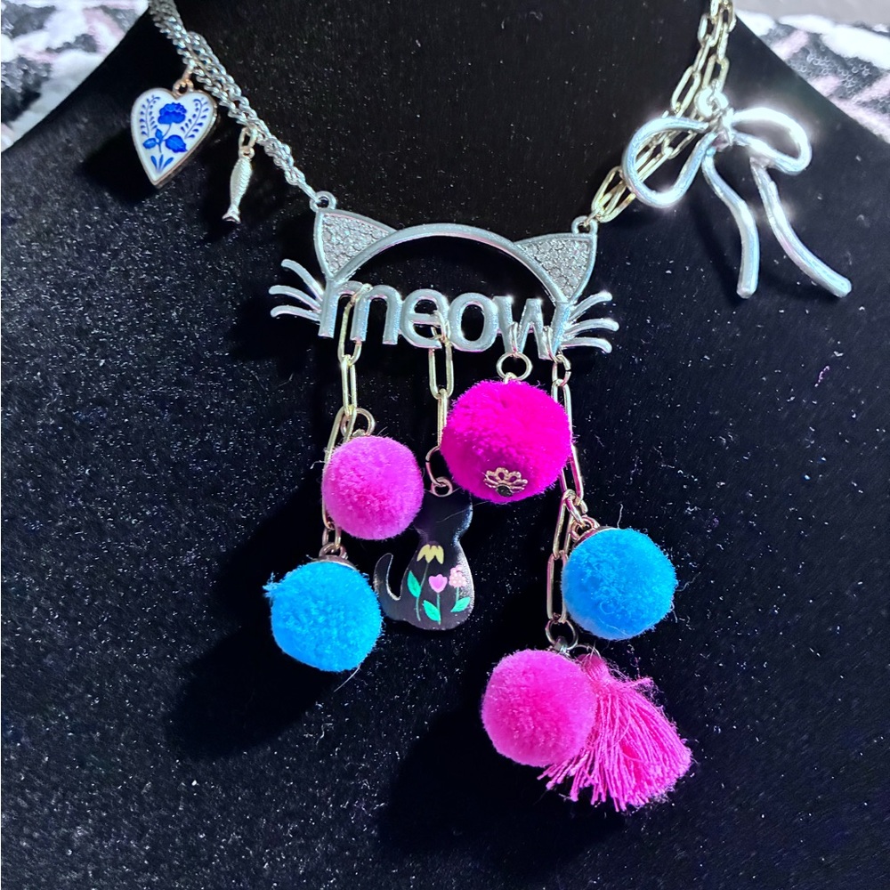 Silver 'Meow' Necklace with Pink and Blue Pom Poms handcrafted